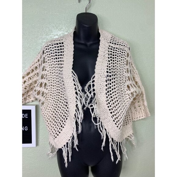Chico’s Cream Cotton Cardigan with Fringe Size 1 - Picture 4 of 9